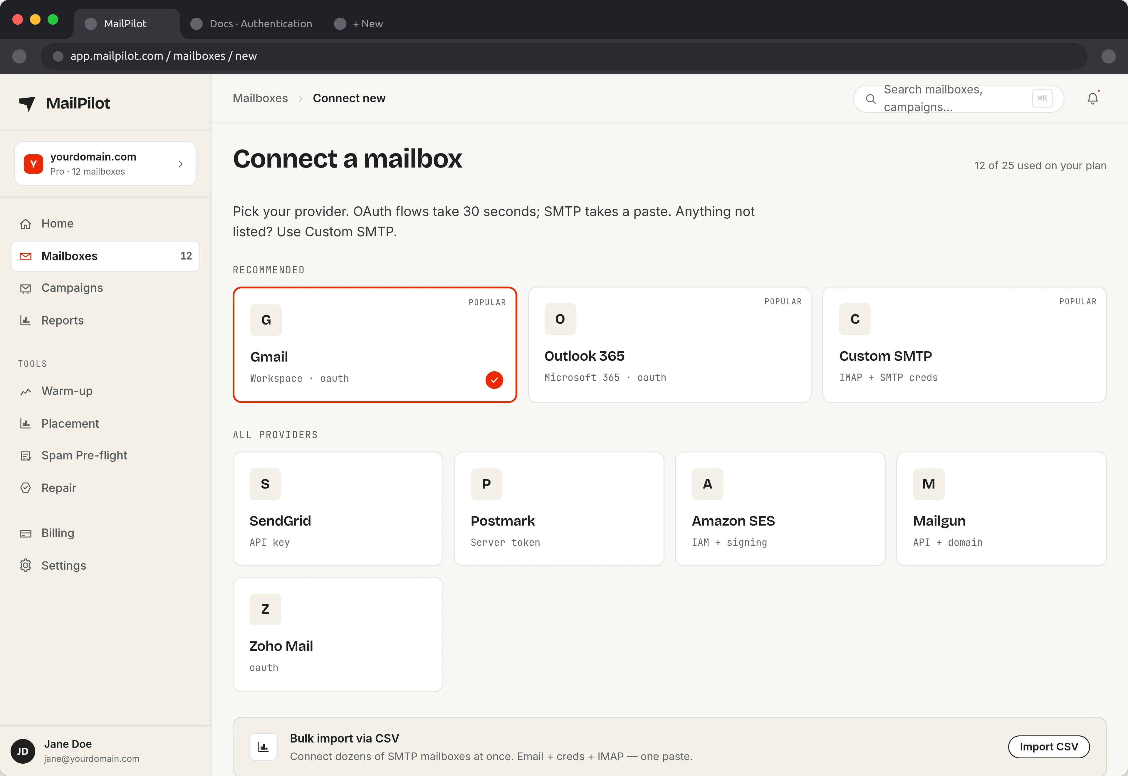 MailPilot connect-mailbox screen offering Google Workspace and Microsoft 365 OAuth alongside manual SMTP and IMAP configuration.