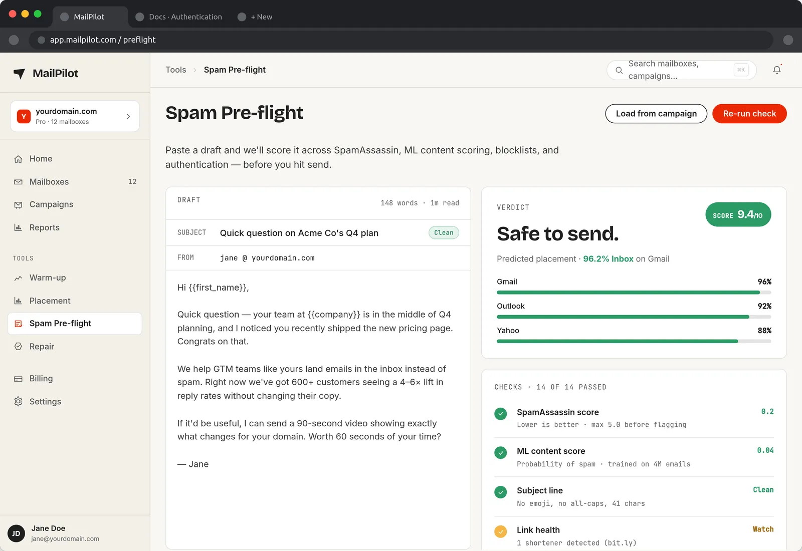 MailPilot spam pre-flight screen with an email draft on the left and a scored list of deliverability issues and recommended fixes on the right.
